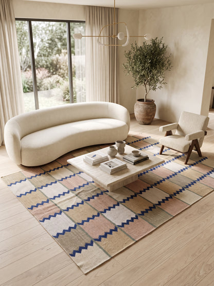 Handmade Pastel Zigzag Grid Checkered Flatweave rug