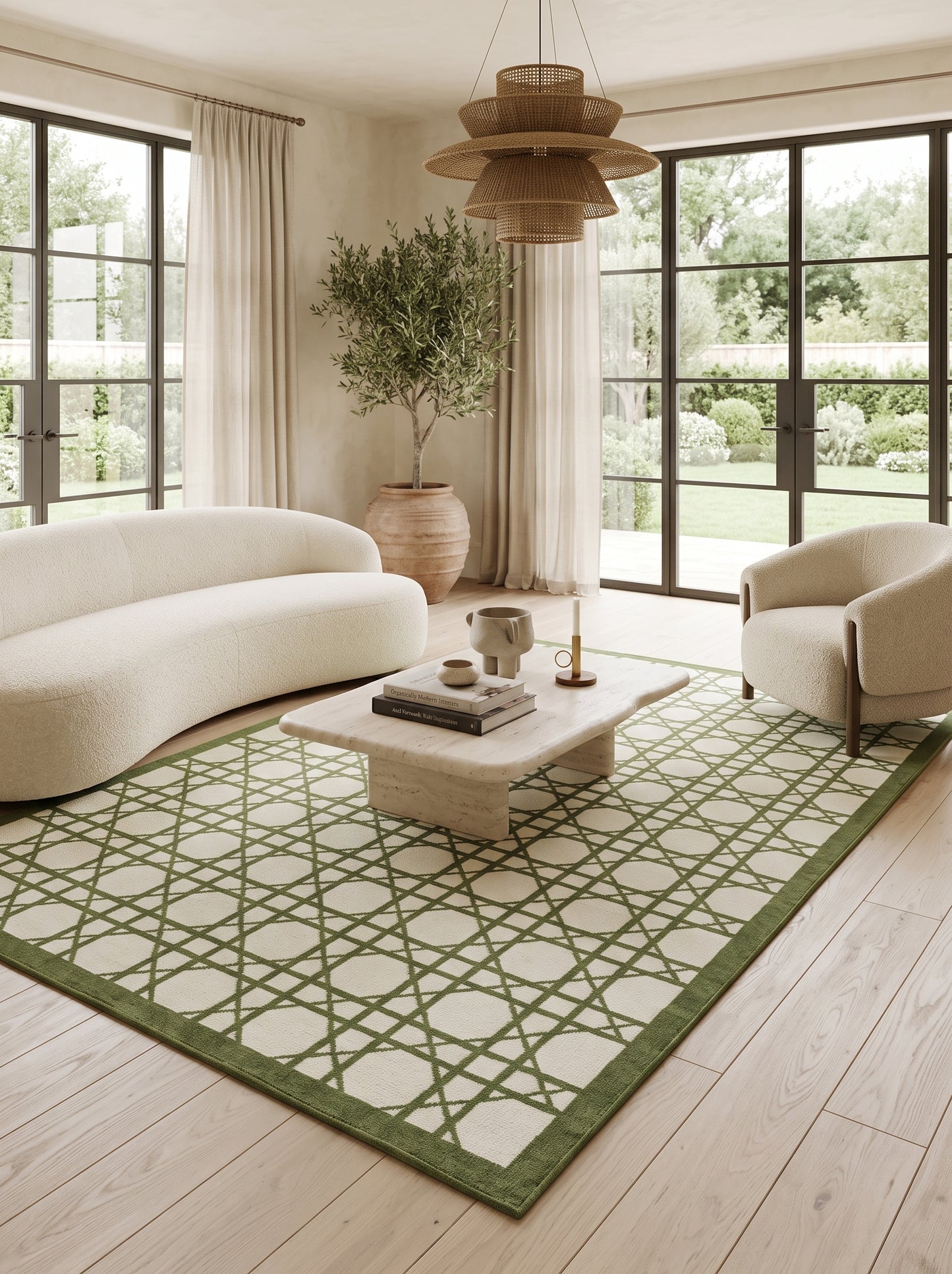 Handwoven Verdant Geometric Cane Wool Cotton Dhurrie Rug
