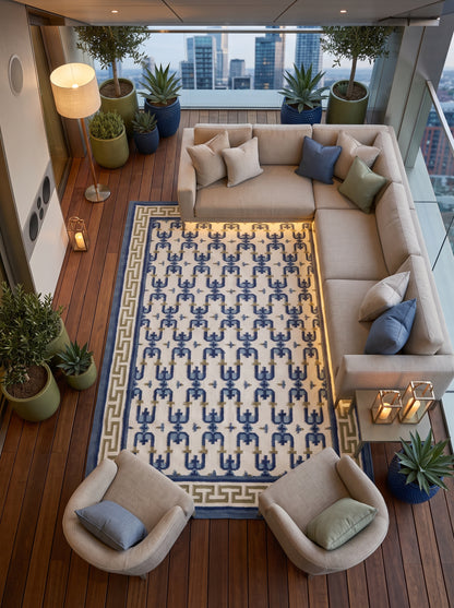 Oceanic Greek Maze Mediterranean Wave Pattern Wool Area Rug
