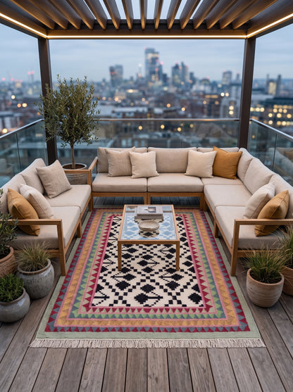 Monochrome Tree & Sawtooth Border Wool Area Rug