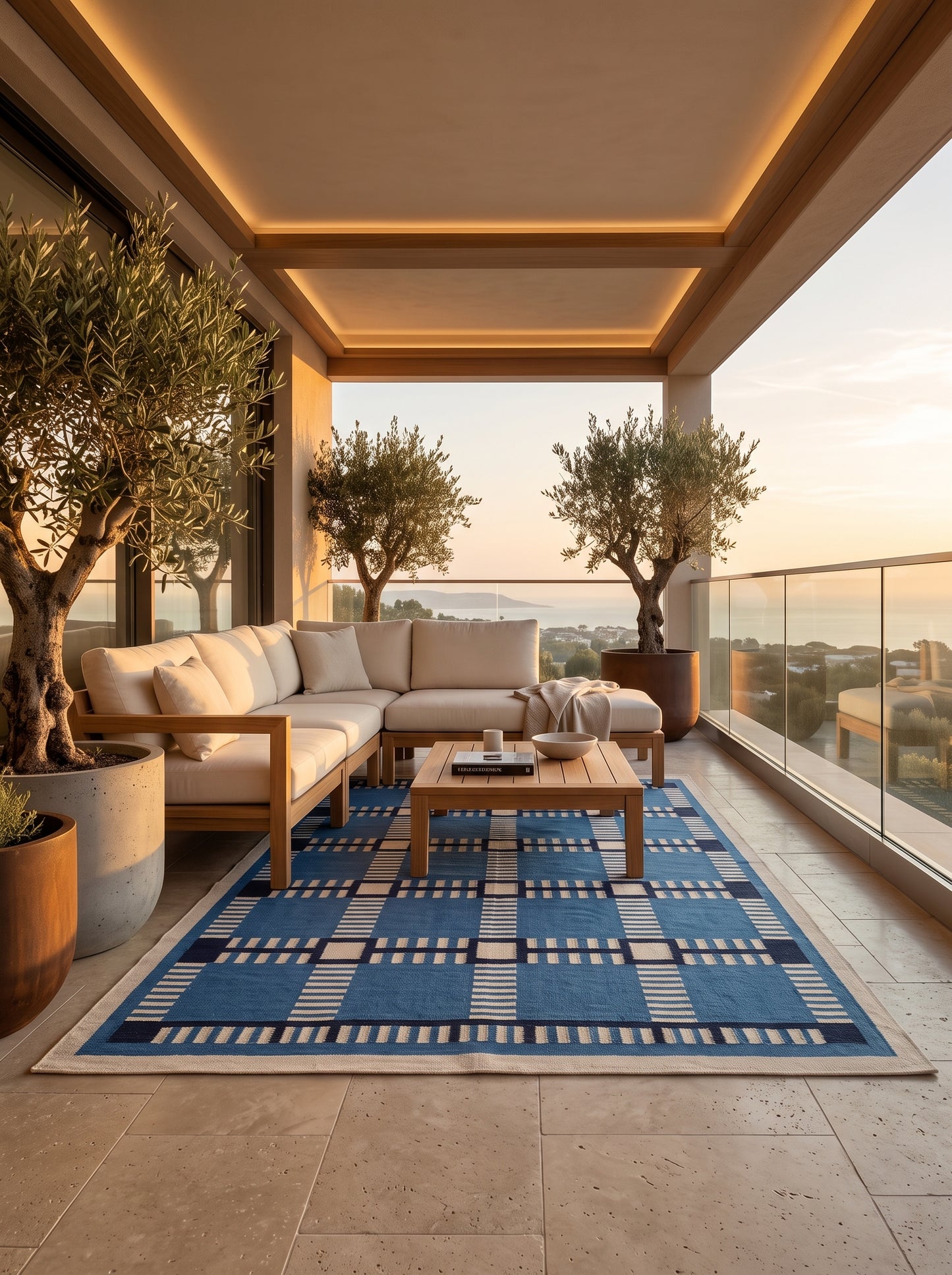 Cobalt Matrix Grid Wool Cotton Dhurrie Rug