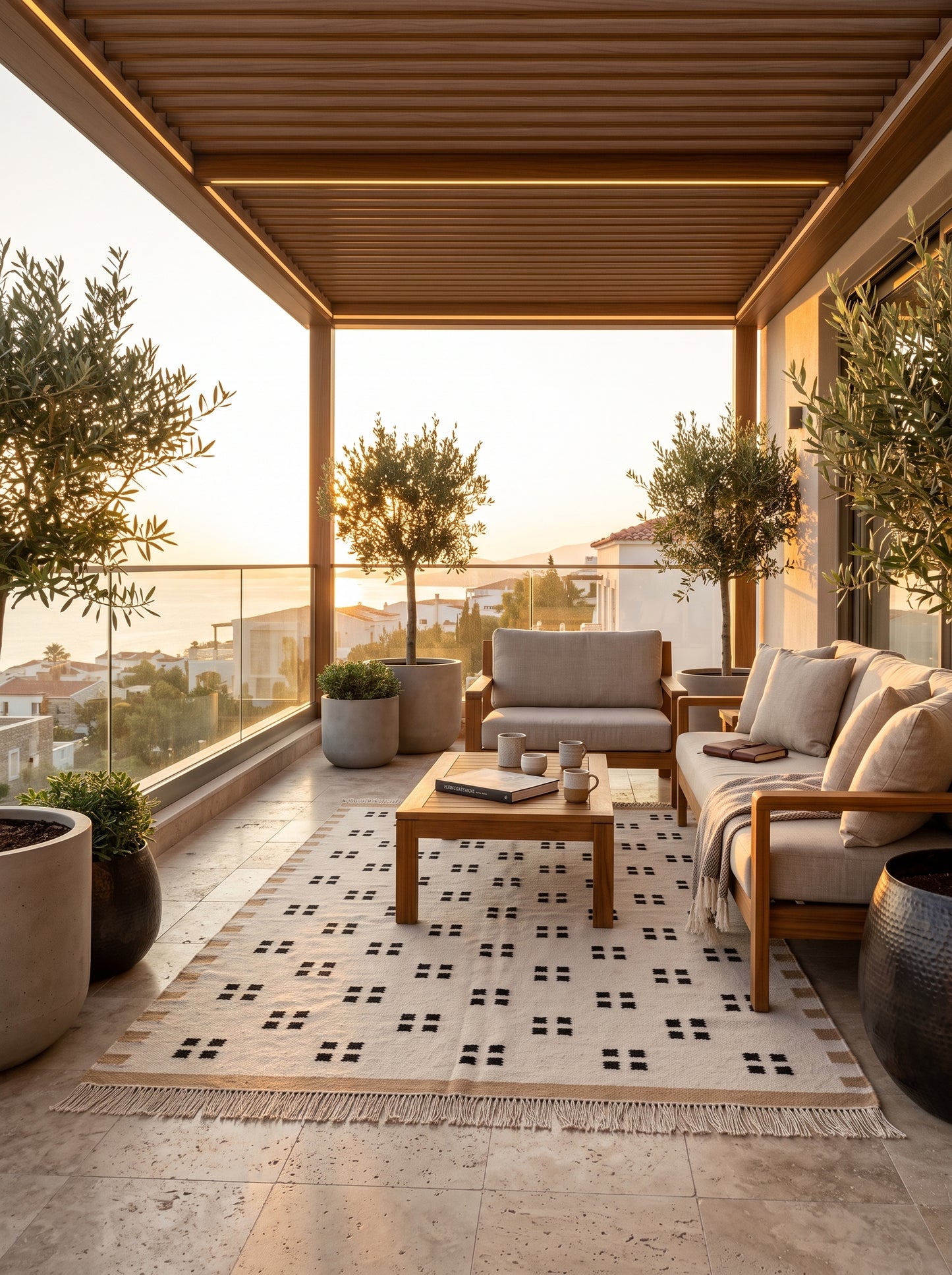 Minimalist Tan & Charcoal Dot Geometric Pixel Block Flatweave Area Rug