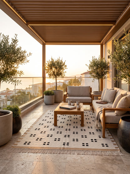 Minimalist Tan & Charcoal Dot Geometric Pixel Block Flatweave Area Rug