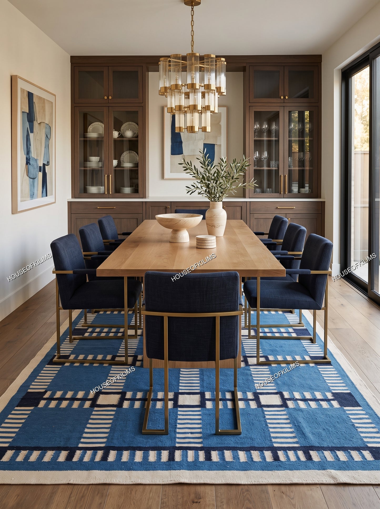 Cobalt Matrix Grid Wool Cotton Dhurrie Rug