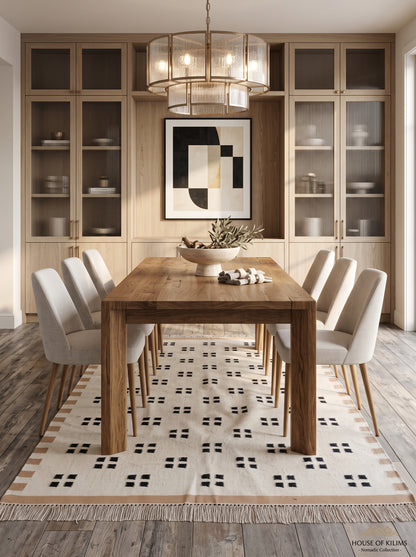 Minimalist Tan & Charcoal Dot Geometric Pixel Block Flatweave Area Rug
