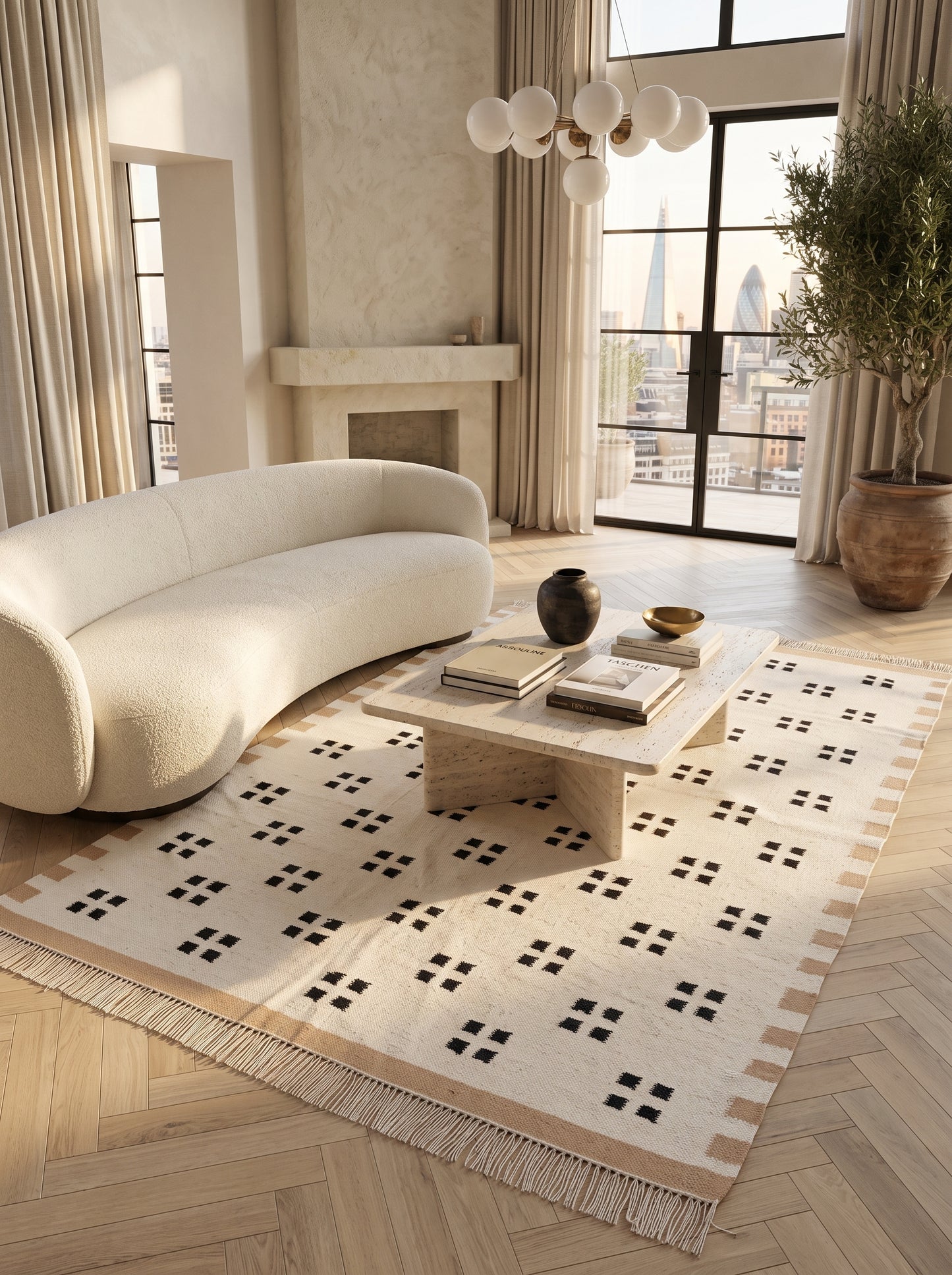 Minimalist Tan & Charcoal Dot Geometric Pixel Block Flatweave Area Rug
