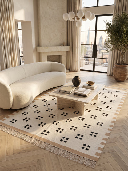 Minimalist Tan & Charcoal Dot Geometric Pixel Block Flatweave Area Rug