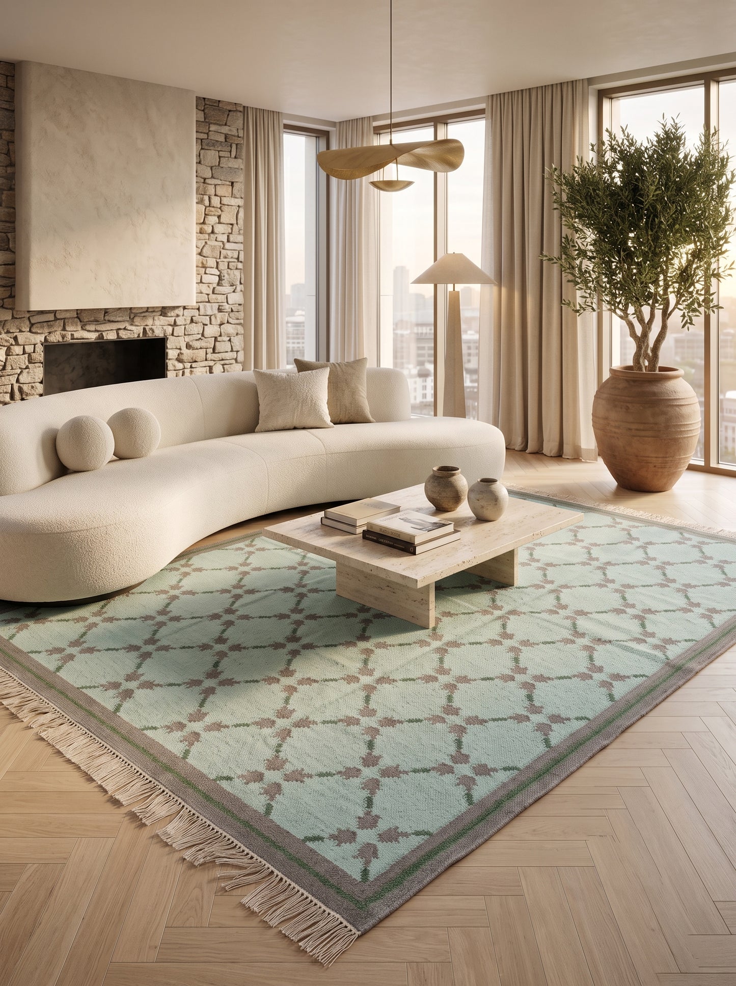 Mint Quartz Lattice Handwoven Symmetrical Grid Rug