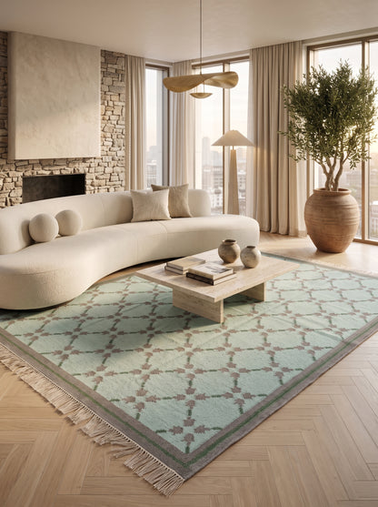 Mint Quartz Lattice Handwoven Symmetrical Grid Rug