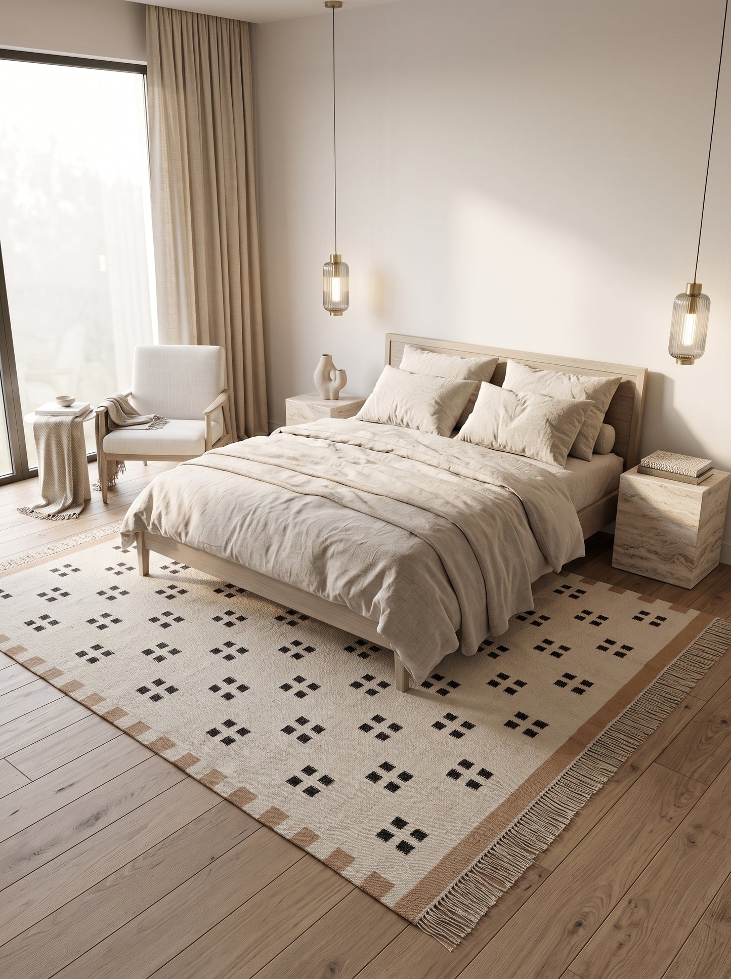 Minimalist Tan & Charcoal Dot Geometric Pixel Block Flatweave Area Rug