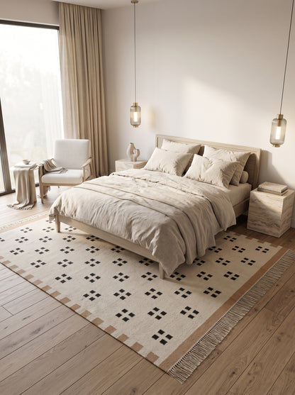 Minimalist Tan & Charcoal Dot Geometric Pixel Block Flatweave Area Rug