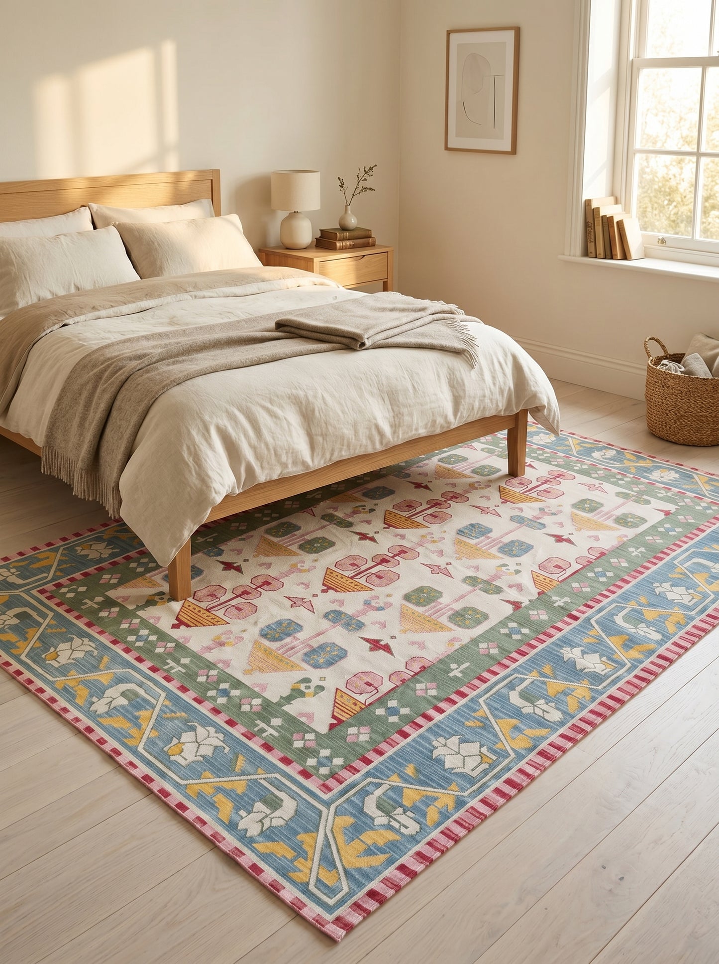 Pastel Geometric Folk Art Handwoven Cotton Flatweave Rug