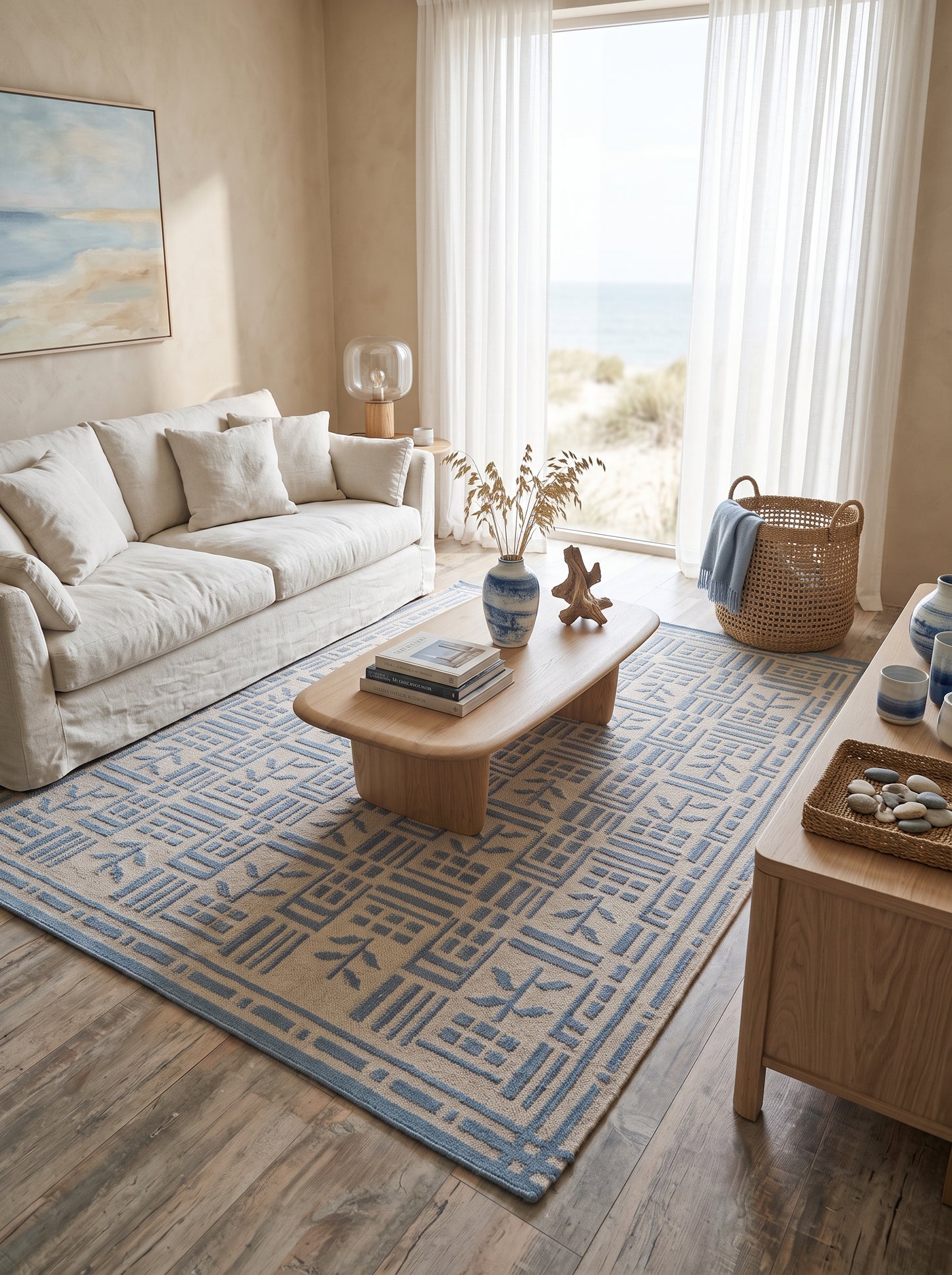 Denim Twig Lattice Blue & Beige Wool Cotton Dhurrie Rug