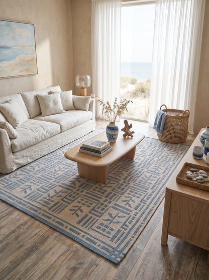 Denim Twig Lattice Blue & Beige Wool Cotton Dhurrie Rug
