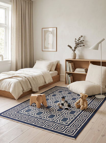 Octagon Lattice & Greek Key Border Pattern Flatweave Area Rug
