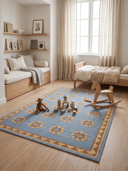 Sky Blue Starburst Medallion Handwoven Southwestern Coastal Kilim rug