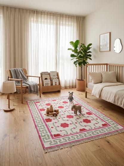 Crimson Greek Key Blossom Handwoven Symmetrical Floral Rug