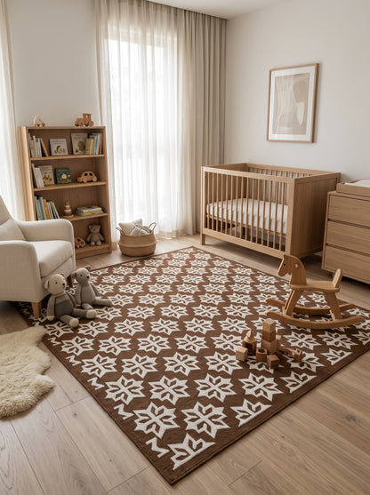 Chocolate Blossom Crest Geometric Starburst Motif Flatweave Area Rug