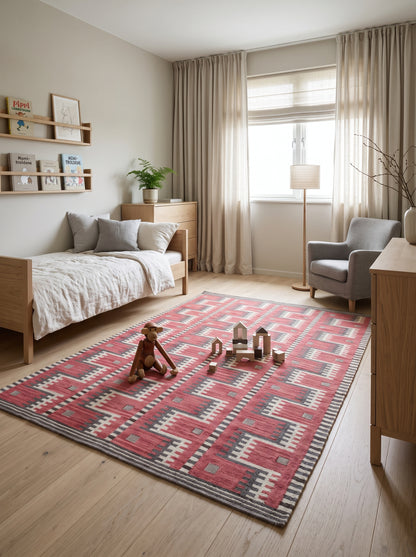 Crimson Tribal Interlock Handwoven Native American Style Rug