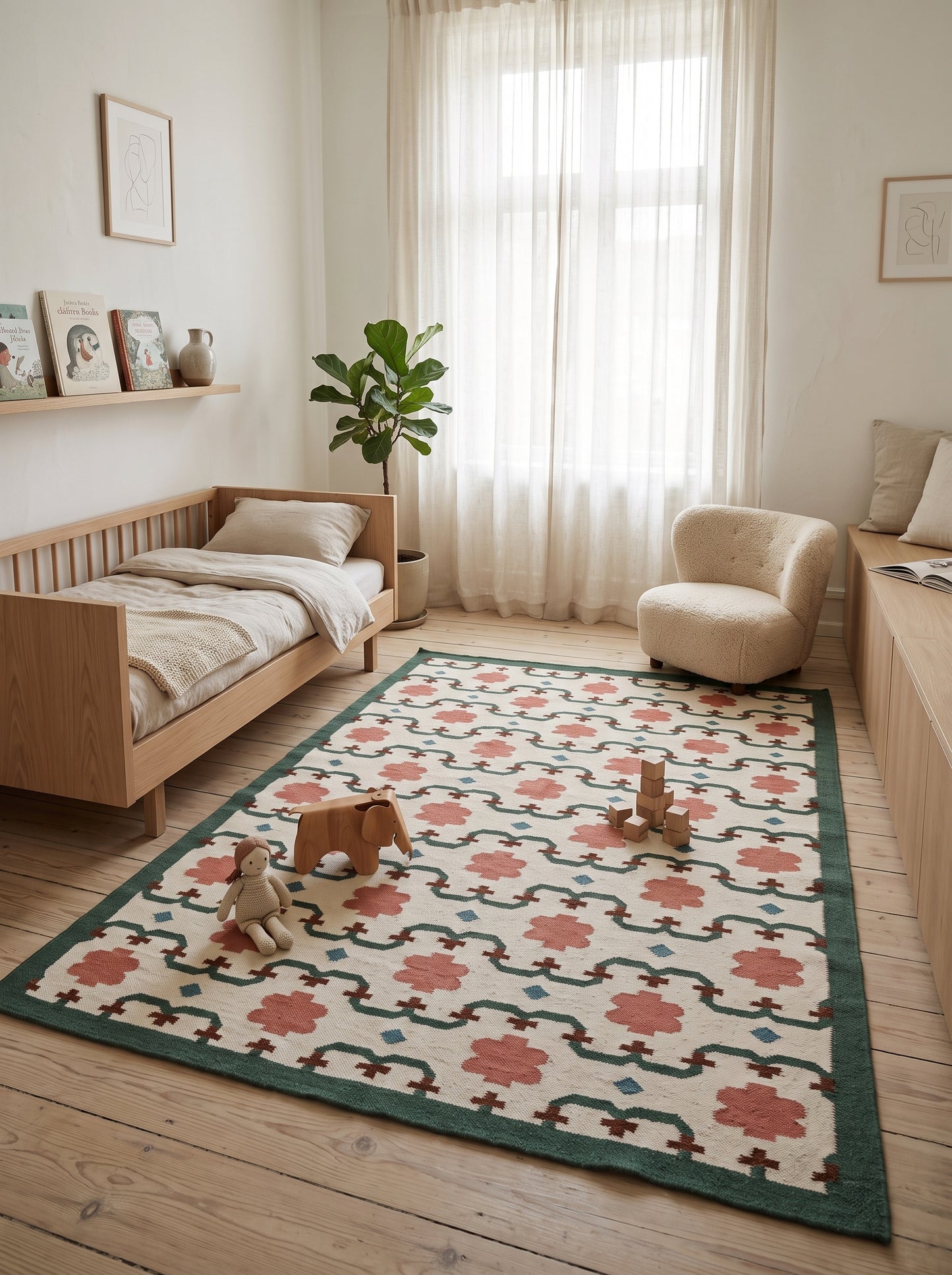 Emerald & Terracotta Clover Trellis Handwoven Symmetrical Floral Rug