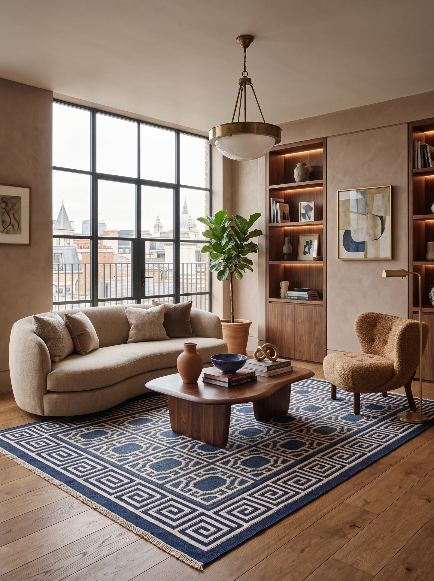 Octagon Lattice & Greek Key Border Pattern Flatweave Area Rug