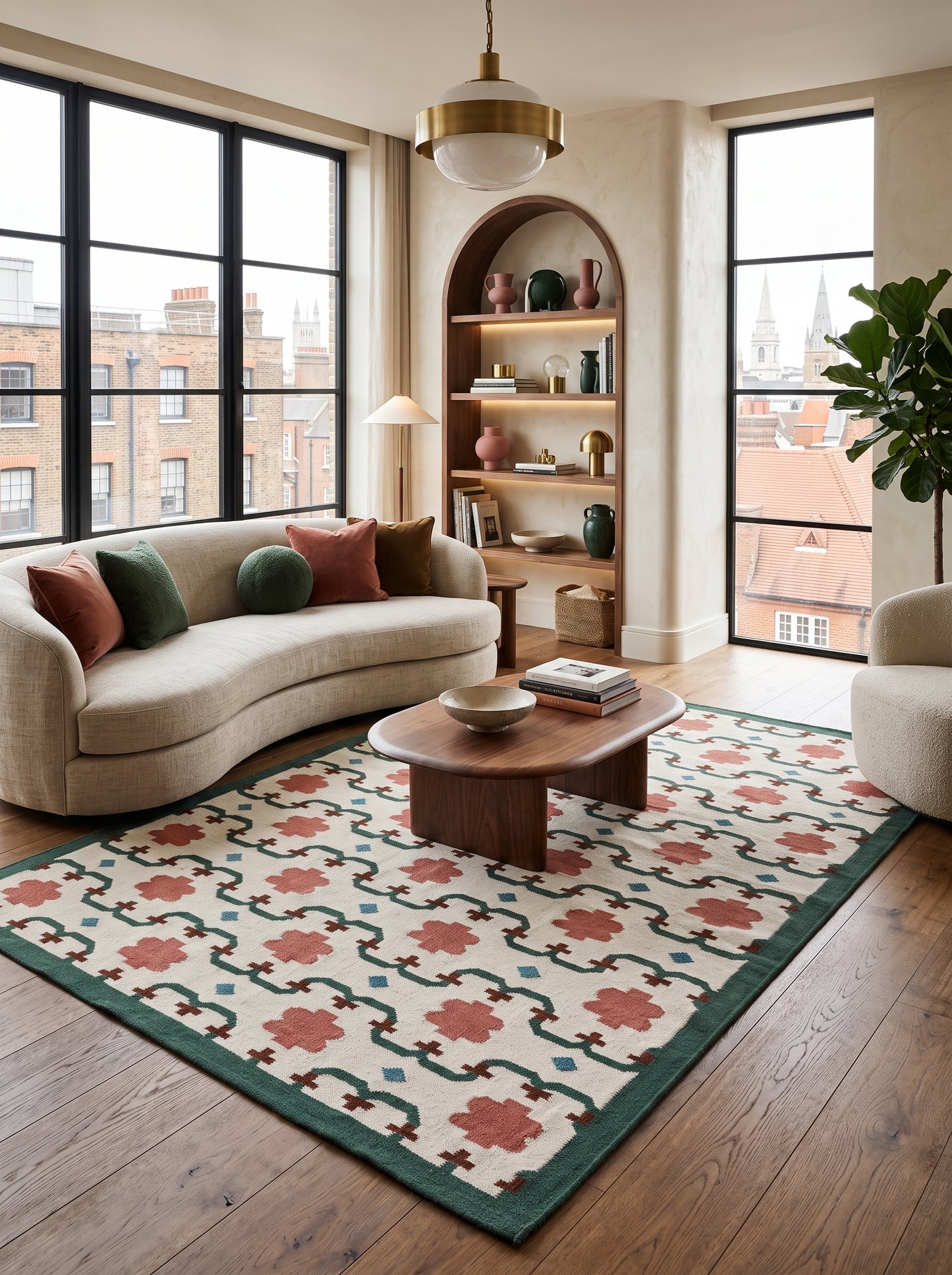 Emerald & Terracotta Clover Trellis Handwoven Symmetrical Floral Rug