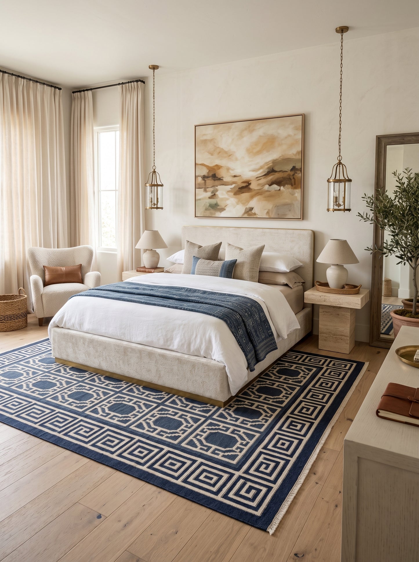 Octagon Lattice & Greek Key Border Pattern Flatweave Area Rug