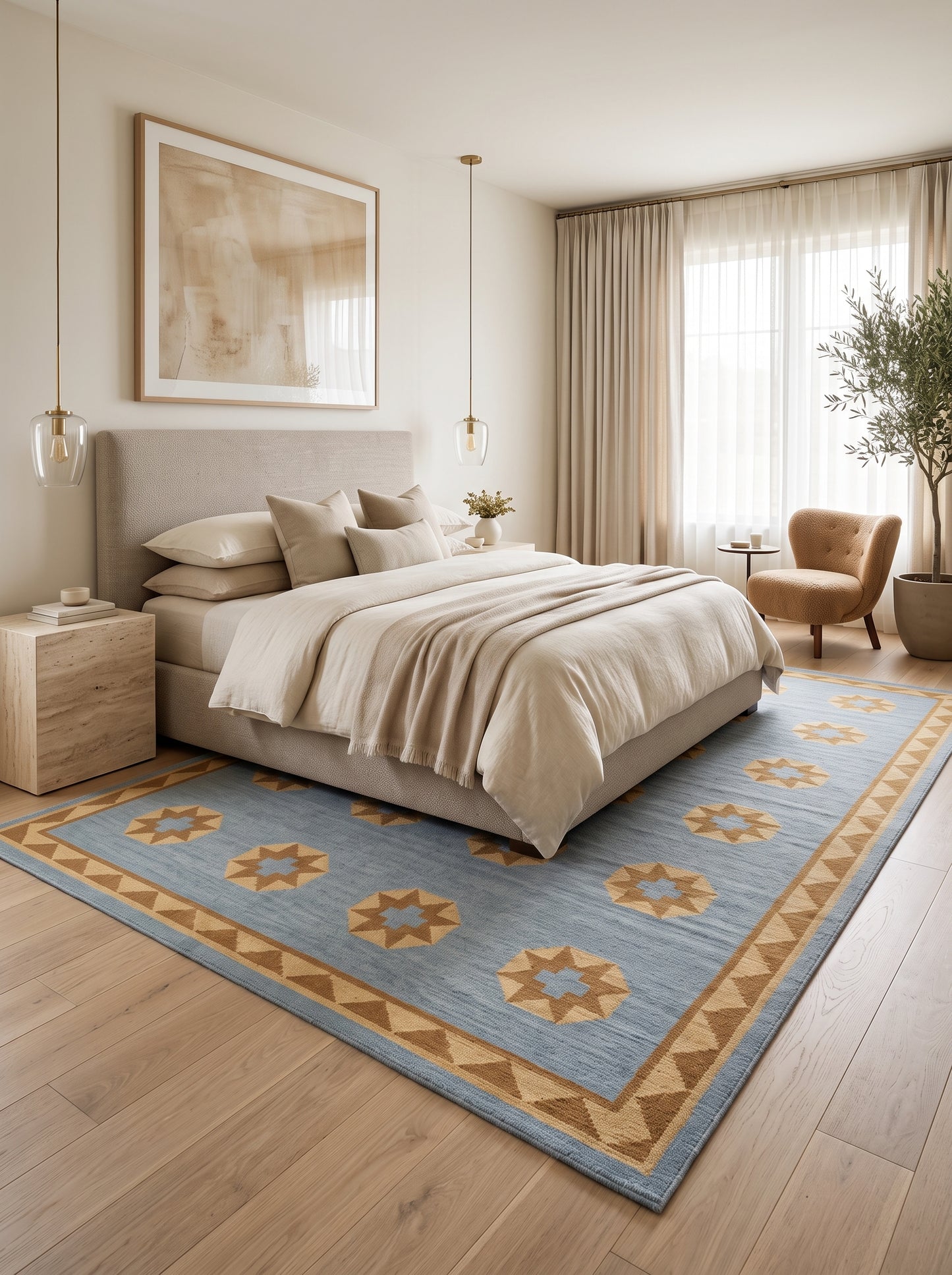 Sky Blue Starburst Medallion Handwoven Southwestern Coastal Kilim rug