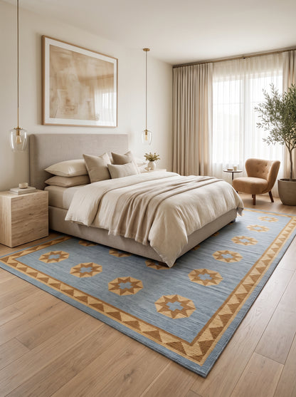 Sky Blue Starburst Medallion Handwoven Southwestern Coastal Kilim rug