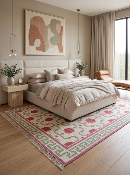 Crimson Greek Key Blossom Handwoven Symmetrical Floral Rug