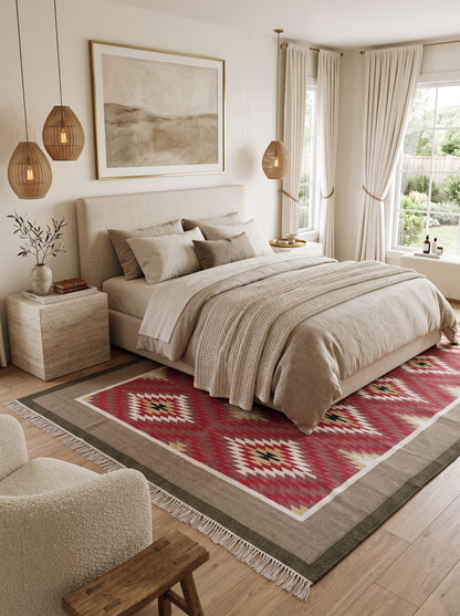 Crimson Taupe Heritage Chevron Diamond Motif Flatweave Accent Carpet