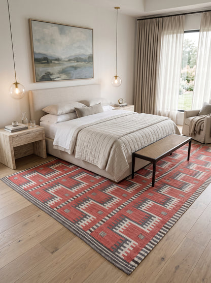Crimson Tribal Interlock Handwoven Native American Style Rug