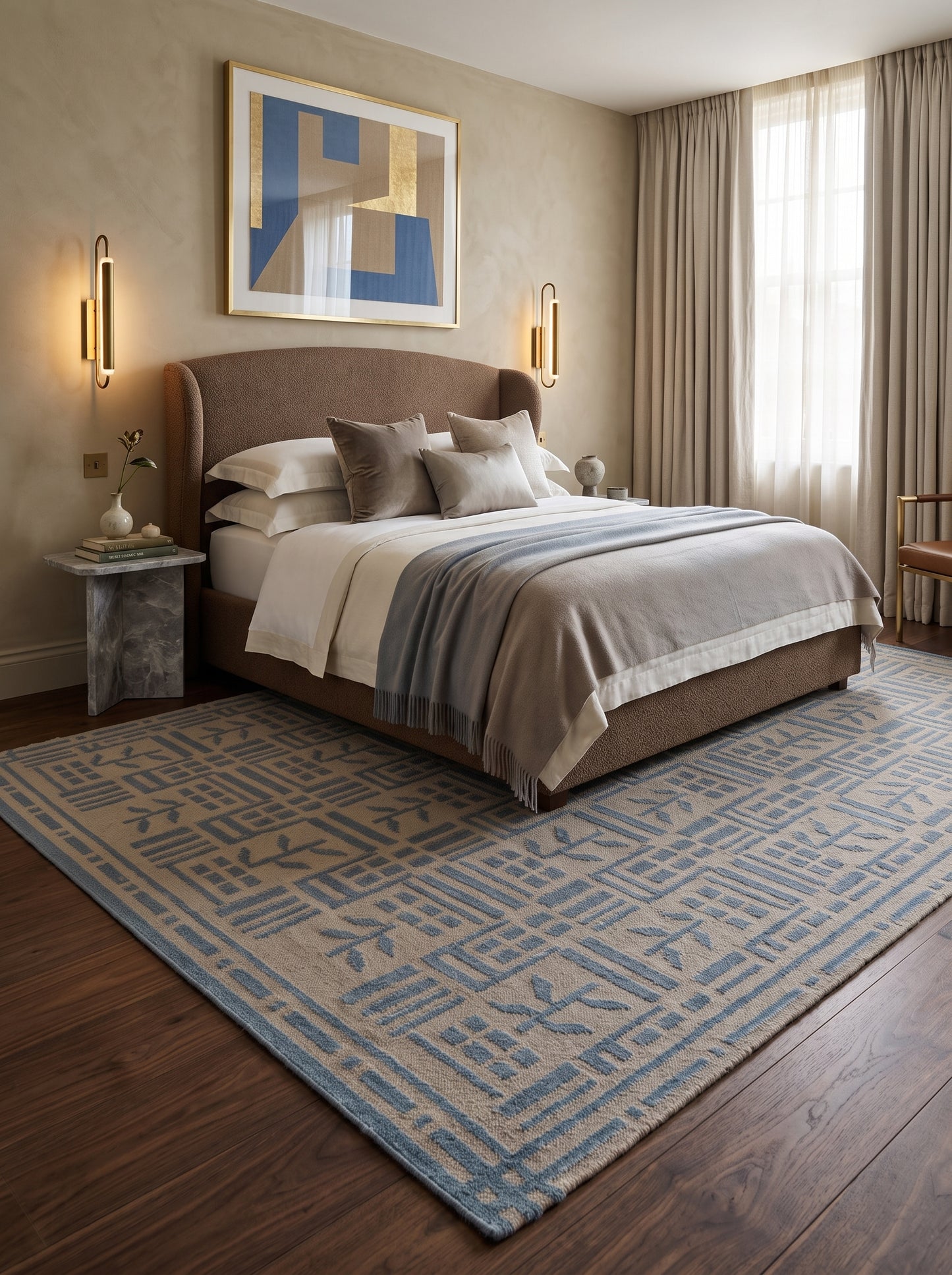 Denim Twig Lattice Blue & Beige Wool Cotton Dhurrie Rug