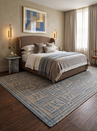 Denim Twig Lattice Blue & Beige Wool Cotton Dhurrie Rug