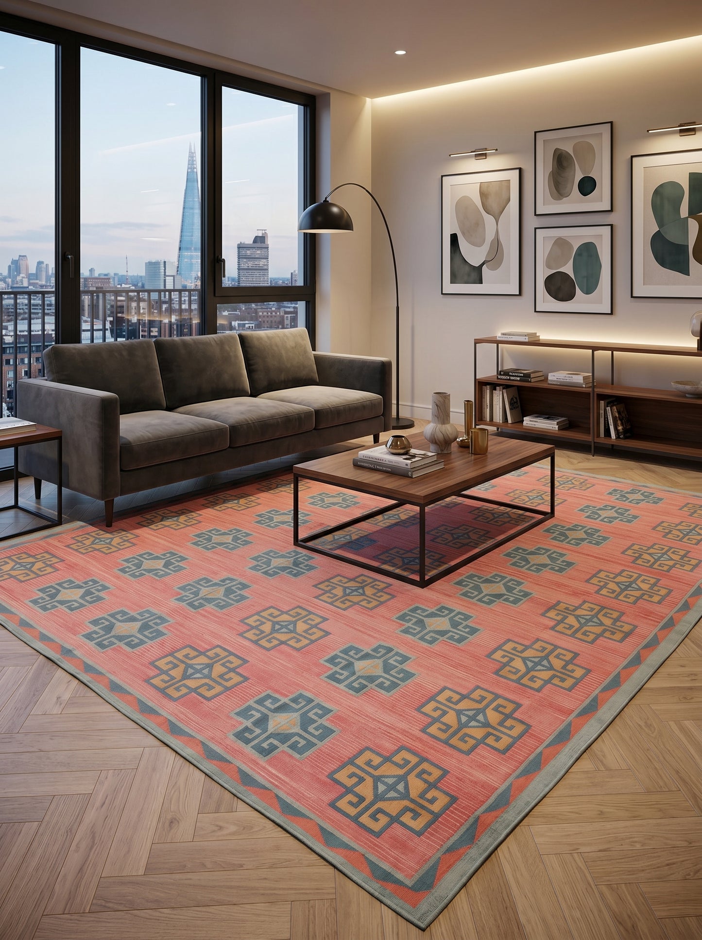 Pink Geometric Cotton Traditional Design Area Rug