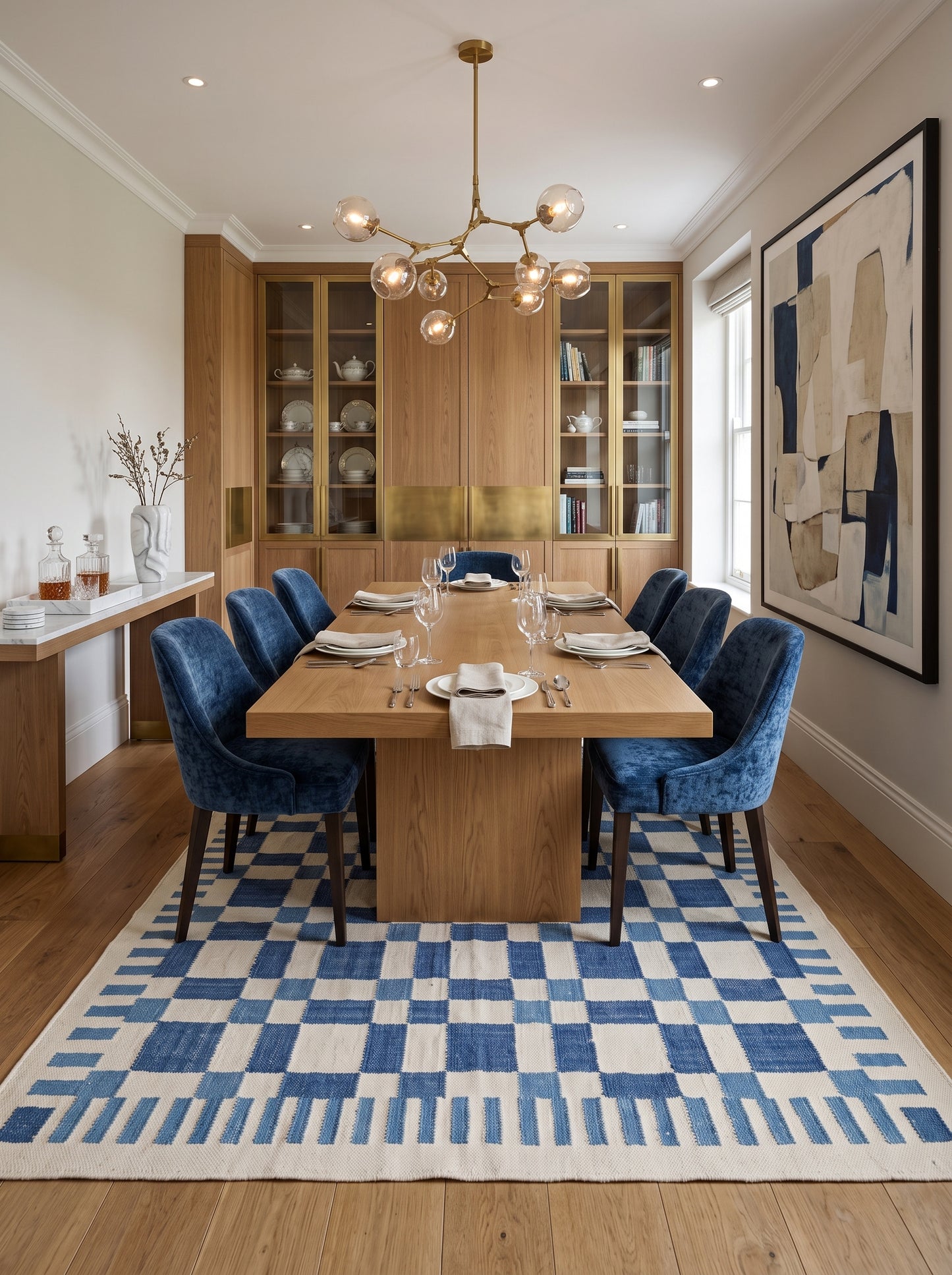 Indigo Checkered Grid Abstract Pixelated Blocks Pattern Flatweave Accent