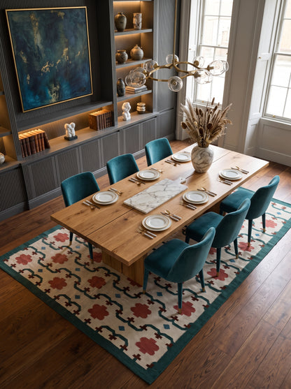 Emerald & Terracotta Clover Trellis Handwoven Symmetrical Floral Rug
