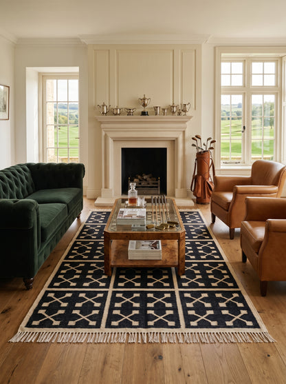 Charcoal Grid Cross Handwoven Symmetrical Paneled Rug