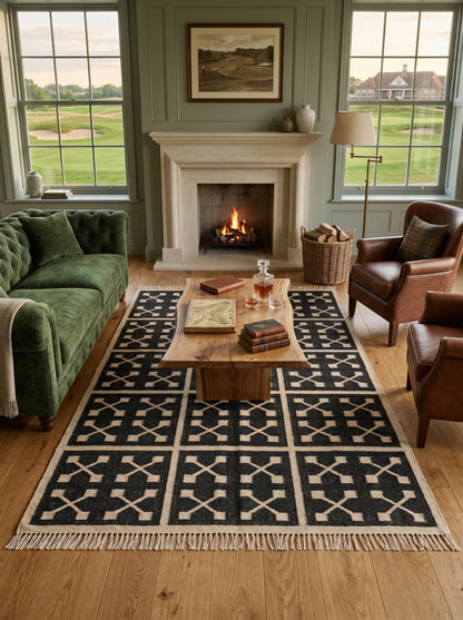Charcoal Grid Cross Handwoven Symmetrical Paneled Rug