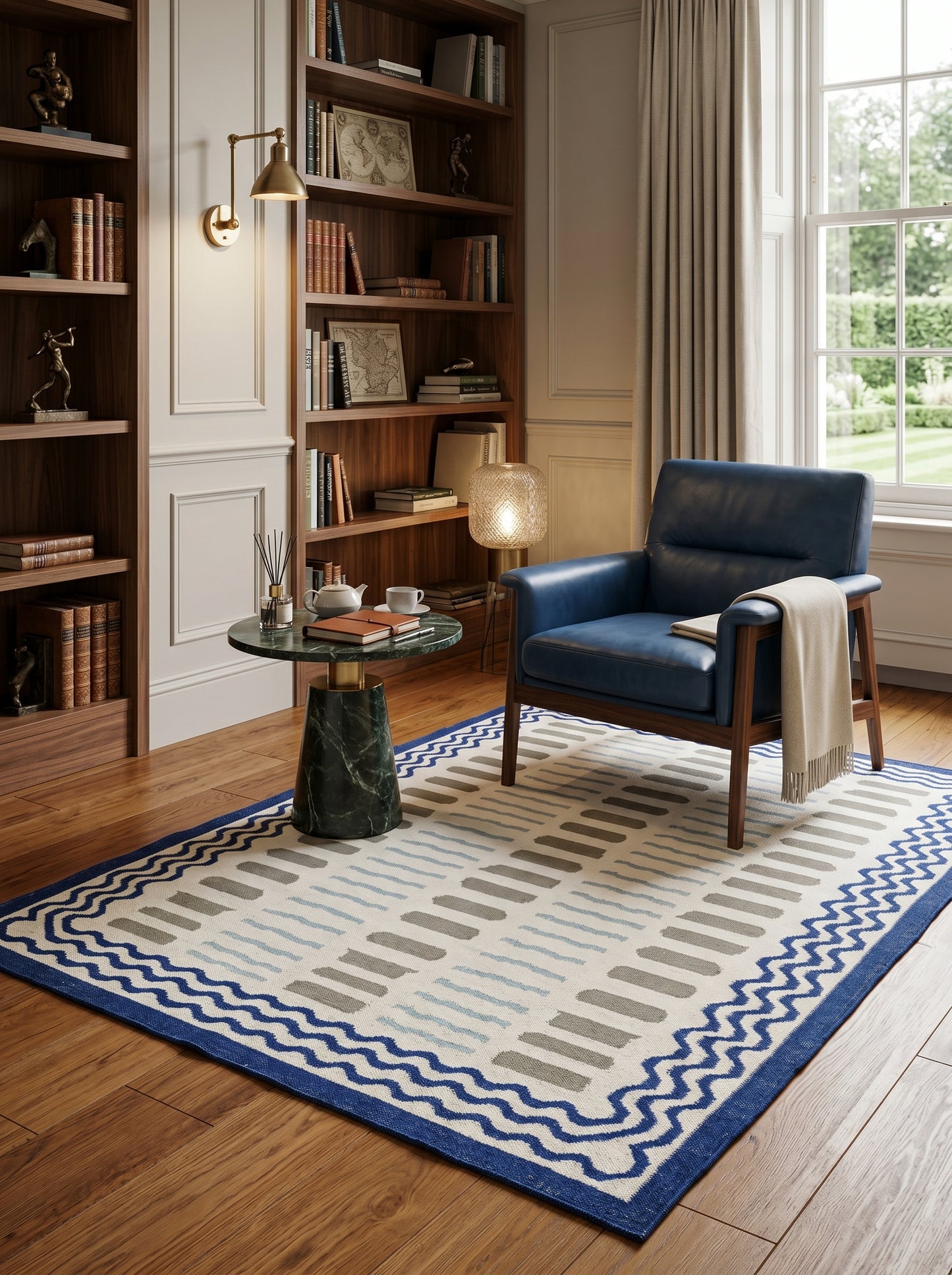Azure Wave & Dash Abstract Rippled Wave Pattern Flatweave rug