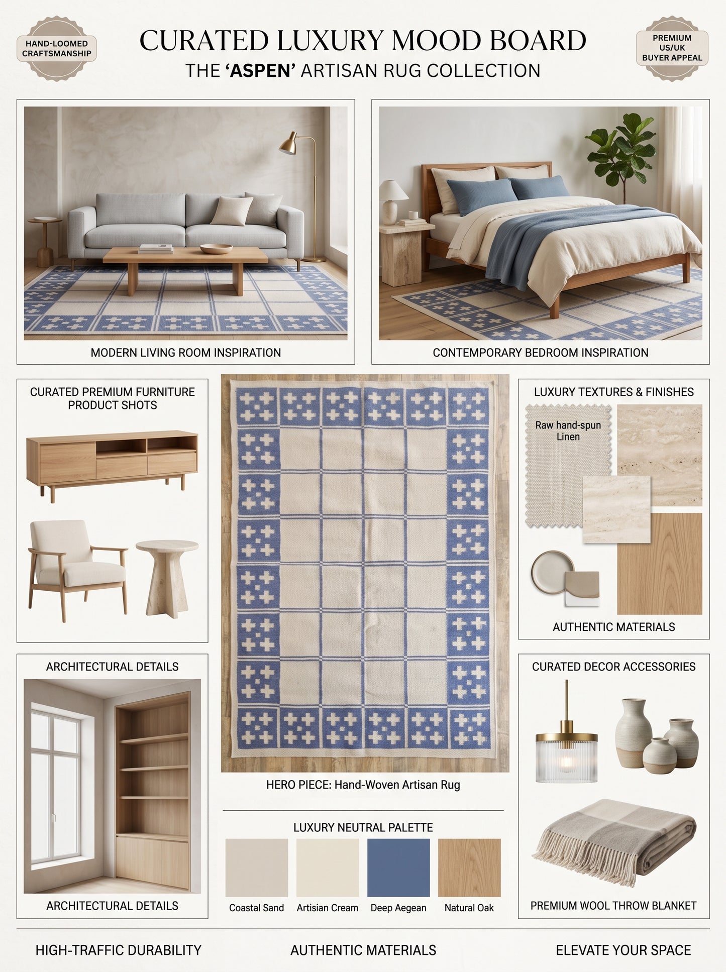Periwinkle Windowpane Cross Modern Blue & Cream Wool Cotton Dhurrie Rug