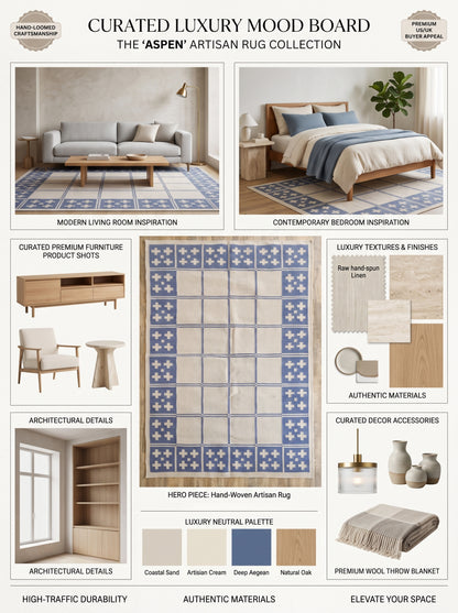 Periwinkle Windowpane Cross Modern Blue & Cream Wool Cotton Dhurrie Rug