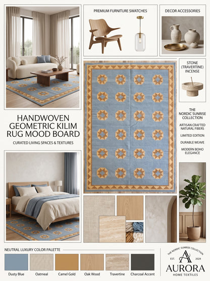 Sky Blue Starburst Medallion Handwoven Southwestern Coastal Kilim rug