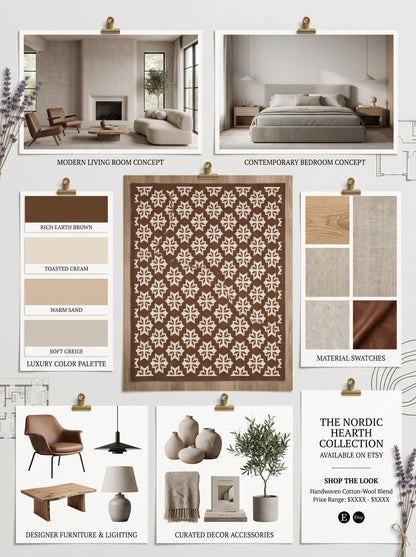 Chocolate Blossom Crest Geometric Starburst Motif Flatweave Area Rug