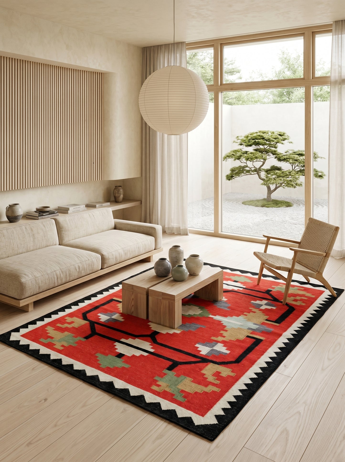 Crimson Sawtooth Heritage Traditional Red & Black Wool Cotton Dhurrie Rug