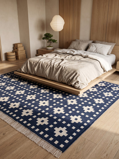 Indigo Pixel Cross Deep Navy Blue & Ivory Cream Cotton Wool Dhurrie