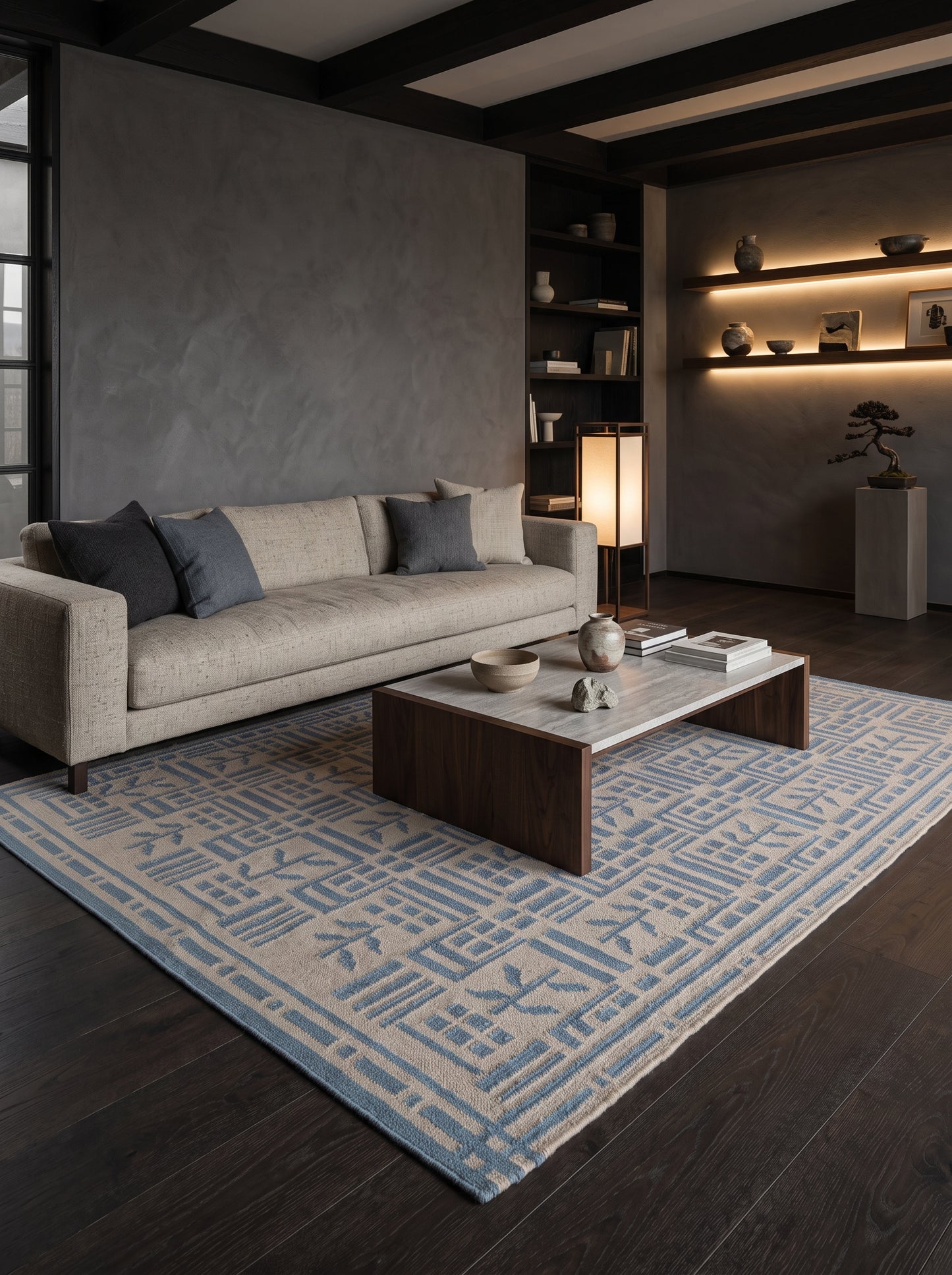 Denim Twig Lattice Blue & Beige Wool Cotton Dhurrie Rug