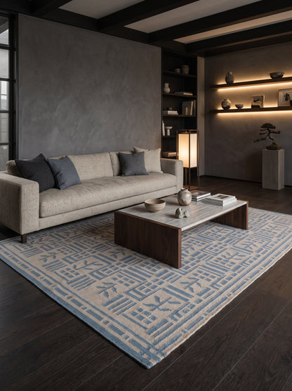 Denim Twig Lattice Blue & Beige Wool Cotton Dhurrie Rug