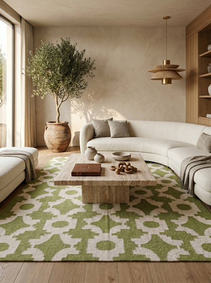 Moss Optical Maze Lime Green & Cream Wool Cotton Dhurrie Rug