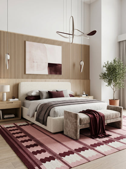 Rose Burgundy Sawtooth Modern Pastel Pink & Maroon Wool Cotton Dhurrie Rug